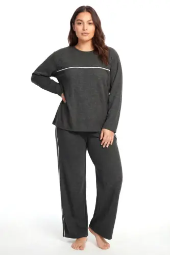 Angelino Büyük Beden Şerit Detaylı Kalın Uzun Kollu Kadın Pijama Takımı Antrasit - 1