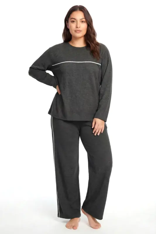 Angelino Büyük Beden Şerit Detaylı Kalın Uzun Kollu Kadın Pijama Takımı Antrasit - 1