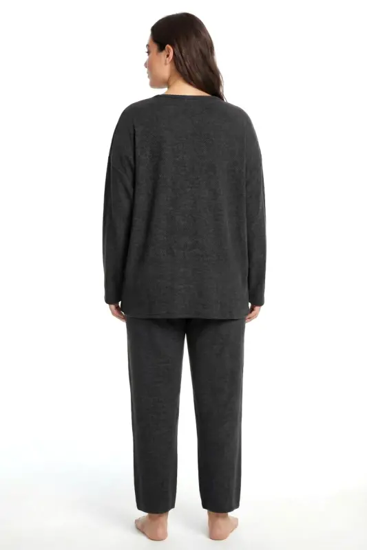 Angelino Büyük Beden Şerit Detaylı Kalın Uzun Kollu Kadın Pijama Takımı Antrasit - 3