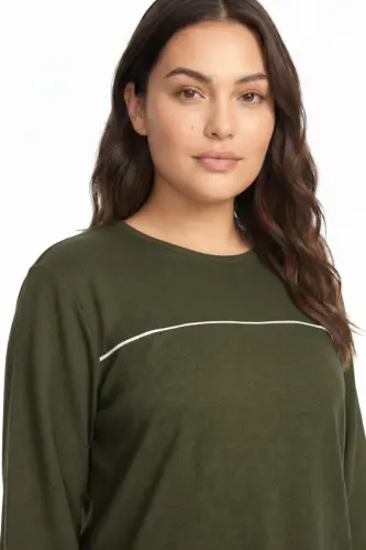 Angelino Büyük Beden Şerit Detaylı Kalın Uzun Kollu Kadın Pijama Takımı Haki - BÜYÜKBEDENIZ (1)