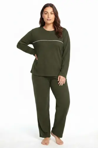 Angelino Büyük Beden Şerit Detaylı Kalın Uzun Kollu Kadın Pijama Takımı Haki - 1