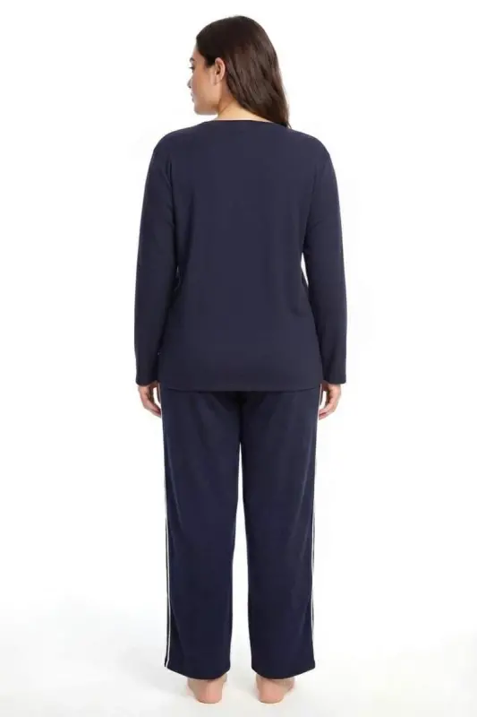Angelino Büyük Beden Şerit Detaylı Kalın Uzun Kollu Kadın Pijama Takımı Lacivert - 2