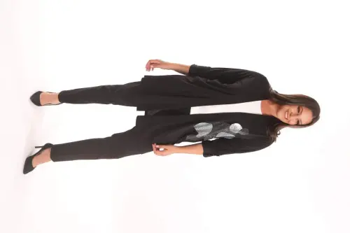 Angelino Büyük Beden Siyah Daire Desen Taş Baskılı Uzun Hırka - 3