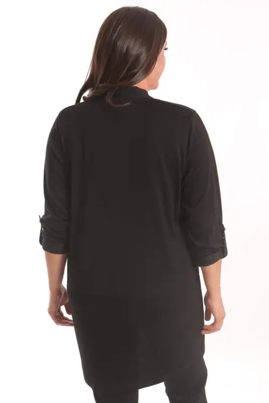 Angelino Büyük Beden Siyah Daire Desen Taş Baskılı Uzun Hırka - 4