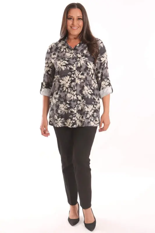 Angelino Büyük Beden Siyah Desenli Viskon Gömlek - 4