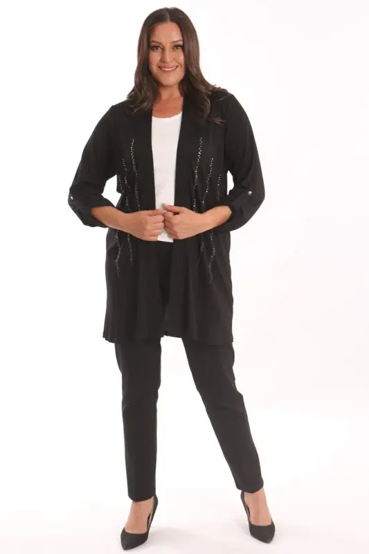 Angelino Büyük Beden Siyah Taş Baskılı Uzun Hırka - 4