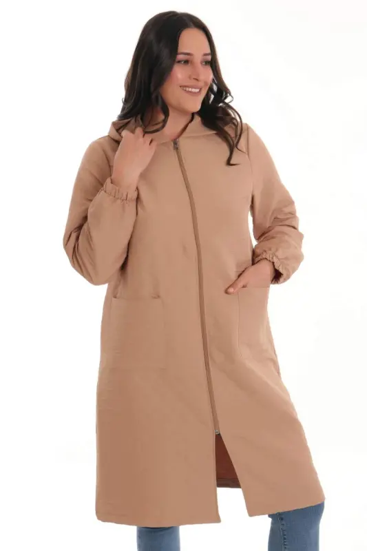 Angelino Büyük Beden Soğan Desen Fermuarlı Bej Kap - 4