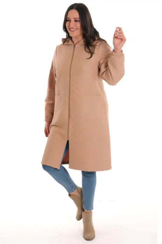 Angelino Büyük Beden Soğan Desen Fermuarlı Bej Kap - 3