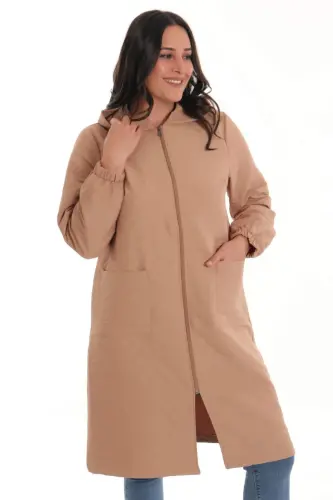 Angelino Büyük Beden Soğan Desen Fermuarlı Bej Kap - 4