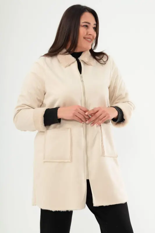 Angelino Büyük Beden Süet İçi Kürklü Bej Kaban - 2