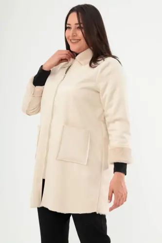 Angelino Büyük Beden Süet İçi Kürklü Bej Kaban - 3