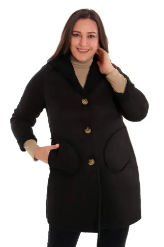 Angelino Büyük Beden Süet İçi Kürklü Siyah Kaban - 1