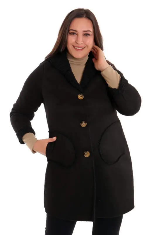 Angelino Büyük Beden Süet İçi Kürklü Siyah Kaban - BÜYÜKBEDENIZ