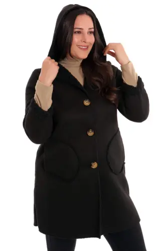 Angelino Büyük Beden Süet İçi Kürklü Siyah Kaban - 3