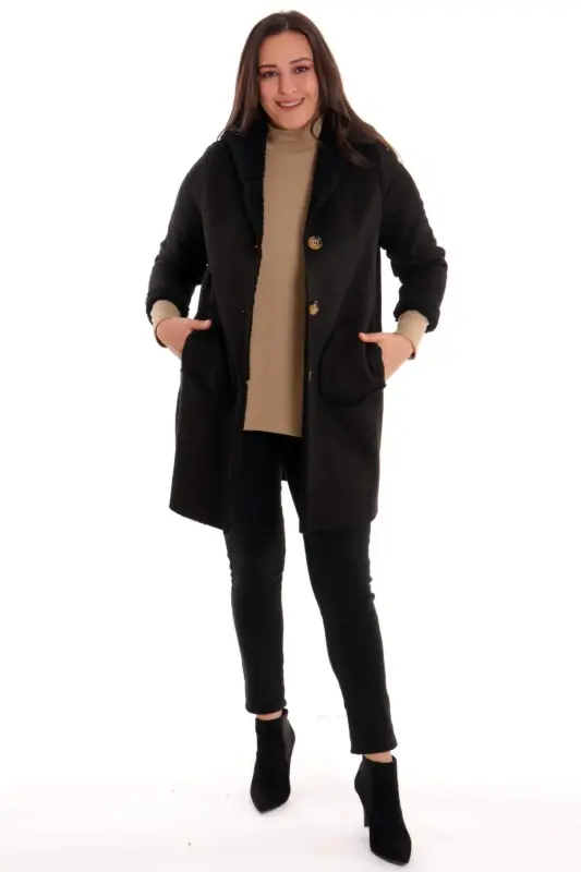 Angelino Büyük Beden Süet İçi Kürklü Siyah Kaban - 2