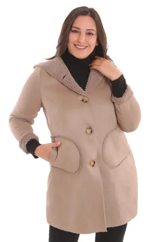 Angelino Büyük Beden Süet İçi Kürklü Vizon Kaban - BÜYÜKBEDENIZ