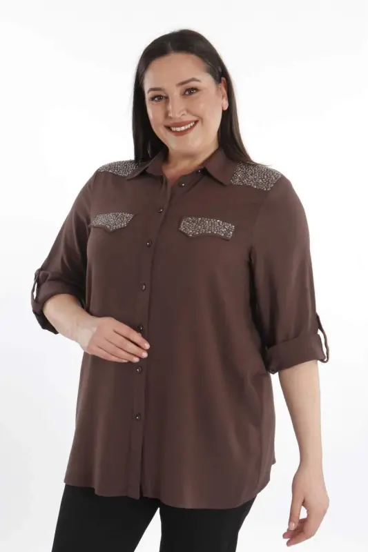 Angelino Büyük Beden Taş Baskılı Kahverengi Dokuma Gömlek - 4