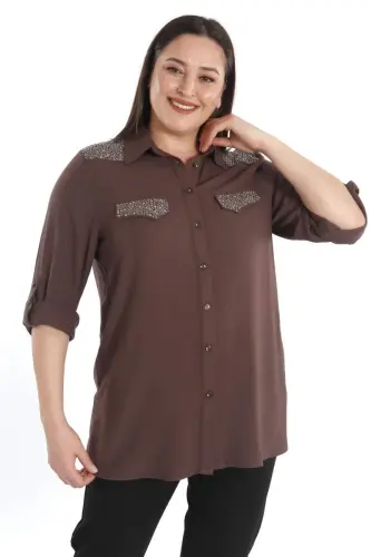 Angelino Büyük Beden Taş Baskılı Kahverengi Dokuma Gömlek - 5