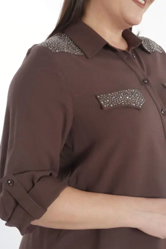 Angelino Büyük Beden Taş Baskılı Kahverengi Dokuma Gömlek - 6