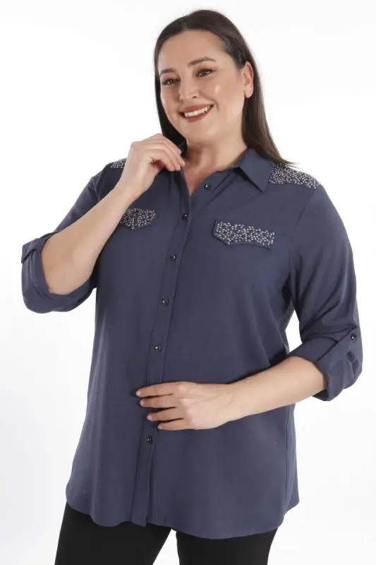 Angelino Büyük Beden Taş Baskılı Lacivert Dokuma Gömlek - 2