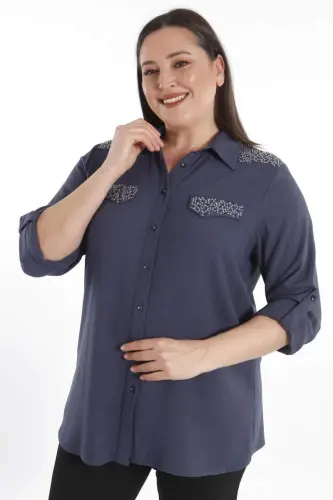 Angelino Büyük Beden Taş Baskılı Lacivert Dokuma Gömlek - BÜYÜKBEDENIZ (1)