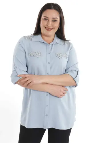 Angelino Büyük Beden Taş Baskılı Mavi Dokuma Gömlek - 4