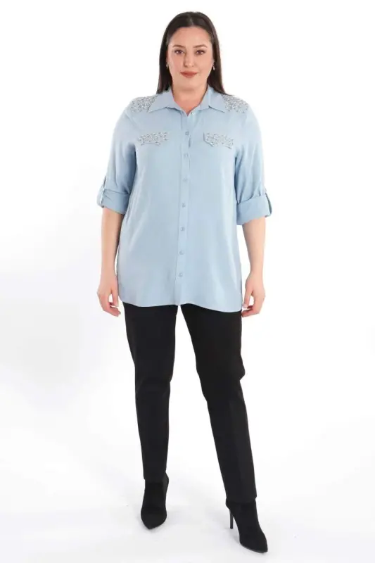 Angelino Büyük Beden Taş Baskılı Mavi Dokuma Gömlek - BÜYÜKBEDENIZ