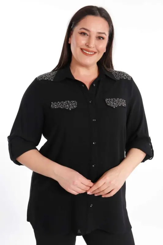 Angelino Büyük Beden Taş Baskılı Siyah Dokuma Gömlek - 2