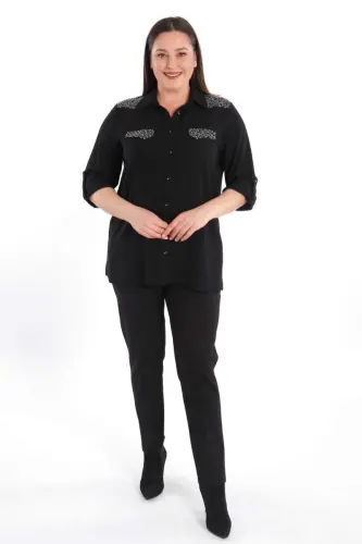 Angelino Büyük Beden Taş Baskılı Siyah Dokuma Gömlek - 3