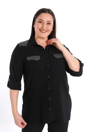 Angelino Büyük Beden Taş Baskılı Siyah Dokuma Gömlek - 4