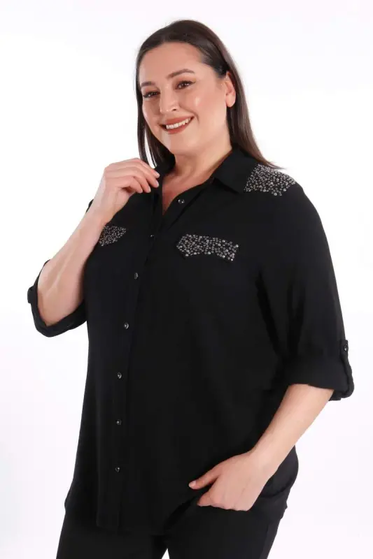 Angelino Büyük Beden Taş Baskılı Siyah Dokuma Gömlek - 5