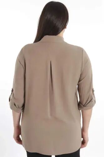 Angelino Büyük Beden Taş Baskılı Vizon Dokuma Gömlek - 6