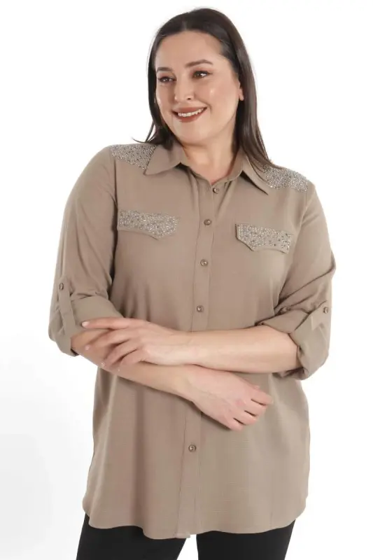 Angelino Büyük Beden Taş Baskılı Vizon Dokuma Gömlek - 4