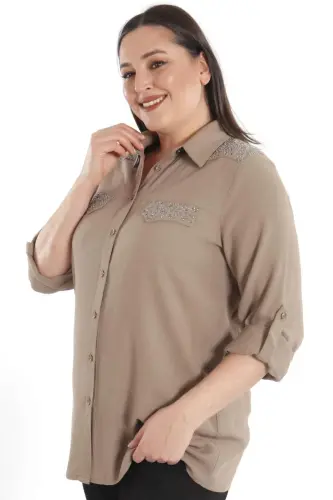 Angelino Büyük Beden Taş Baskılı Vizon Dokuma Gömlek - 5