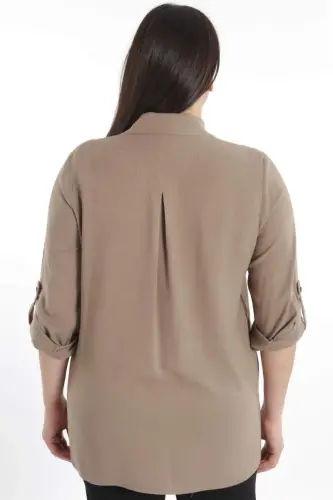 Angelino Büyük Beden Taş Baskılı Vizon Dokuma Gömlek - 6