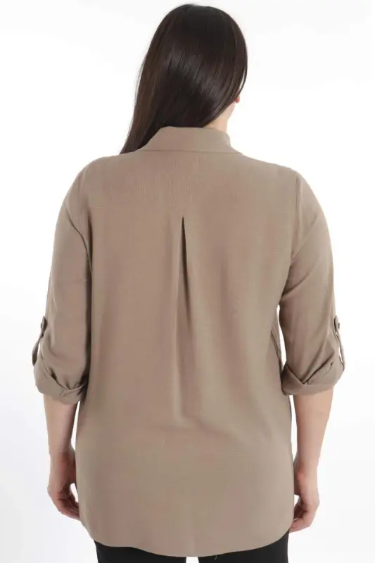 Angelino Büyük Beden Taş Baskılı Vizon Dokuma Gömlek - 6