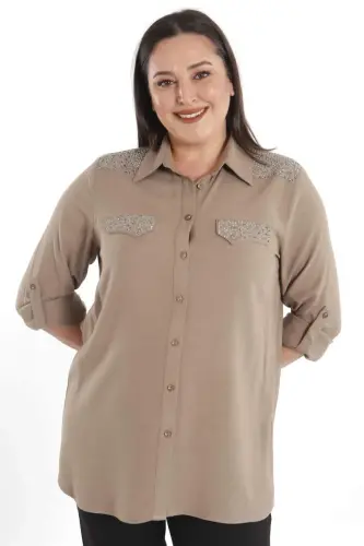 Angelino Büyük Beden Taş Baskılı Vizon Dokuma Gömlek - BÜYÜKBEDENIZ (1)