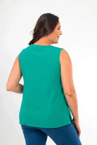 Angelino Büyük Beden V yaka Yırtmaç Detaylı Kolsuz Yeşili Bluz - 5