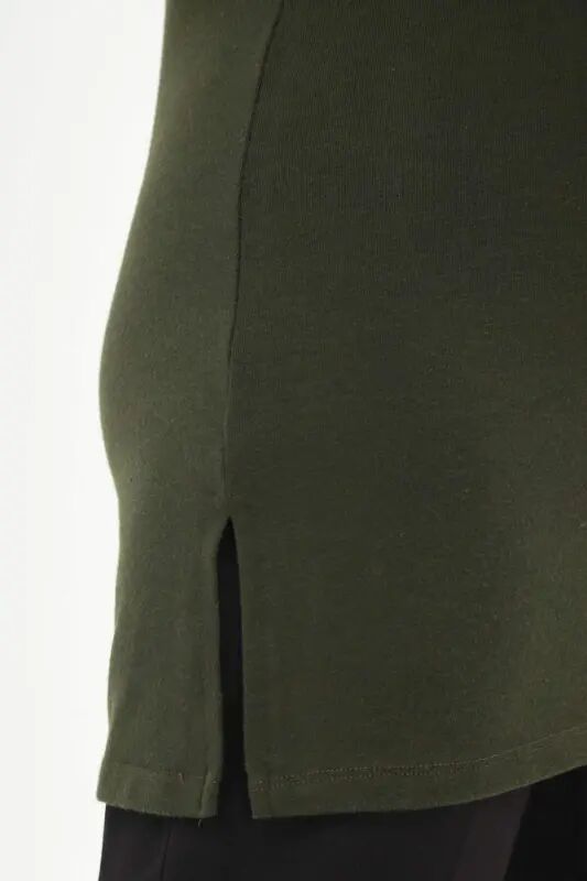 Angelino Büyük Beden V Yaka Yırtmaçlı Basic Haki Bluz - 4