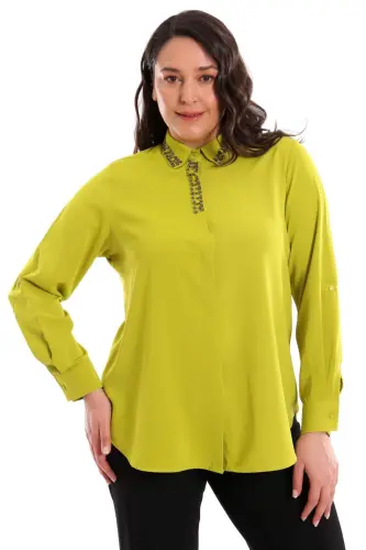 Angelino Büyük Beden Yaka İşleme Detaylı Yağ Yeşil Gömlek - 1