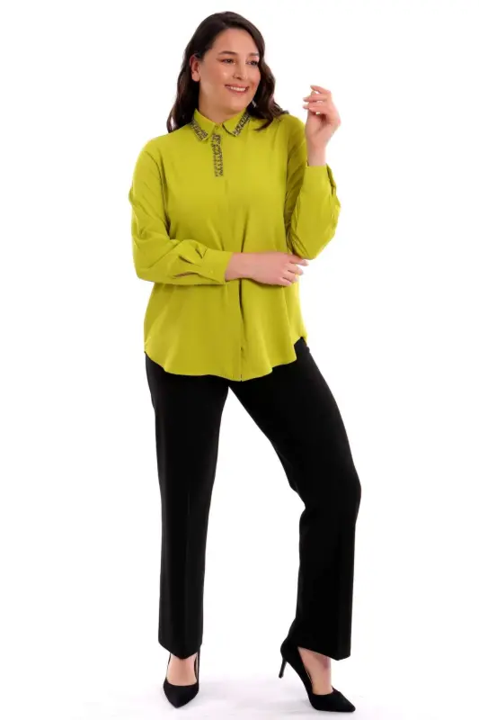 Angelino Büyük Beden Yaka İşleme Detaylı Yağ Yeşil Gömlek - 2