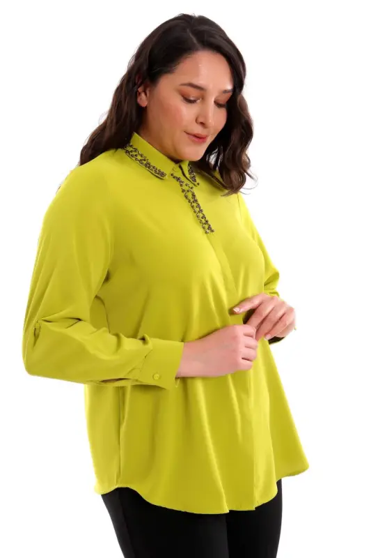 Angelino Büyük Beden Yaka İşleme Detaylı Yağ Yeşil Gömlek - 3
