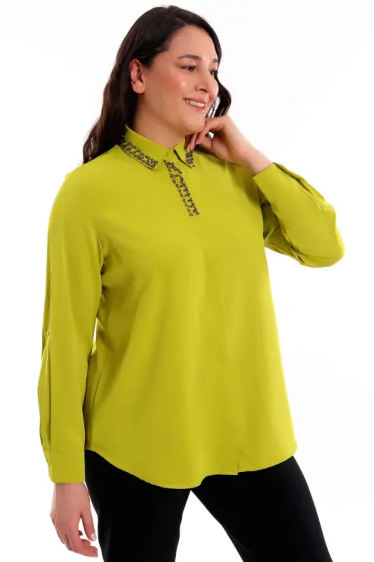 Angelino Büyük Beden Yaka İşleme Detaylı Yağ Yeşil Gömlek - 4