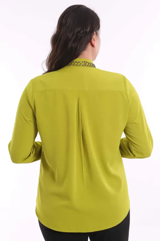Angelino Büyük Beden Yaka İşleme Detaylı Yağ Yeşil Gömlek - 5