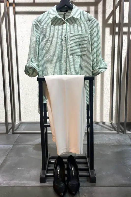 Angelino Büyük Beden Yeşil Çizgili Tek Cepli Gömlek - 1