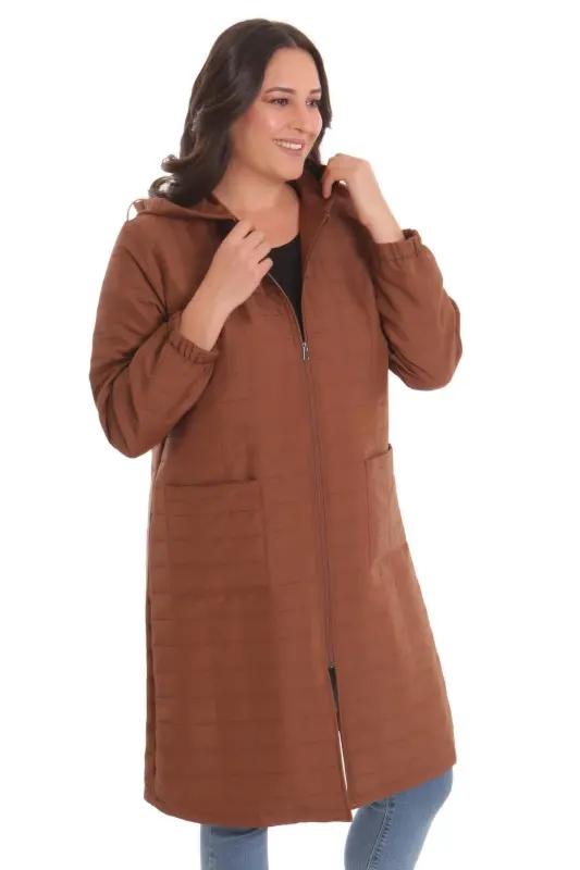 Angelino Büyük Kareli Desen Fermuarlı Kahverengi Kap - 4