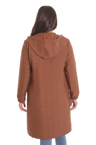 Angelino Büyük Kareli Desen Fermuarlı Kahverengi Kap - 7