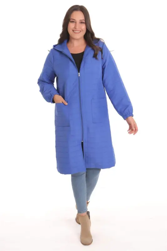 Angelino Büyük Kareli Desen Fermuarlı Saks Kap - BÜYÜKBEDENIZ