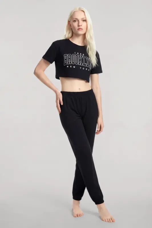 Angelino Crop T-Shirt Pantolon Takım Siyah - BÜYÜKBEDENIZ