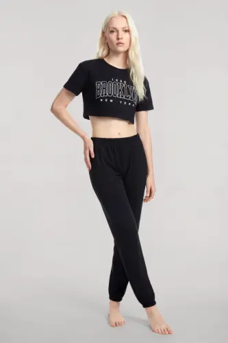 Angelino Crop T-Shirt Pants Set Black - 1